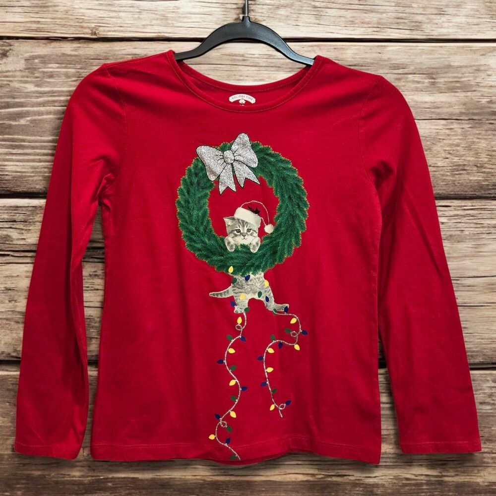 Girls Holiday Long Sleeve Lg 10-12 T-Shirt Christmas Kitty Cat Wreath Ornaments